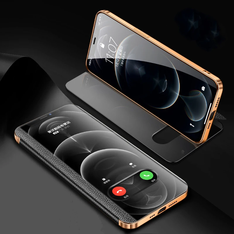 

Для iPhone 12 Pro Max 12Pro 12 чехол из натуральной кожи с окошком для экрана электро-покрытие бампер чехол для телефона с откидной крышкой и крышка пол...