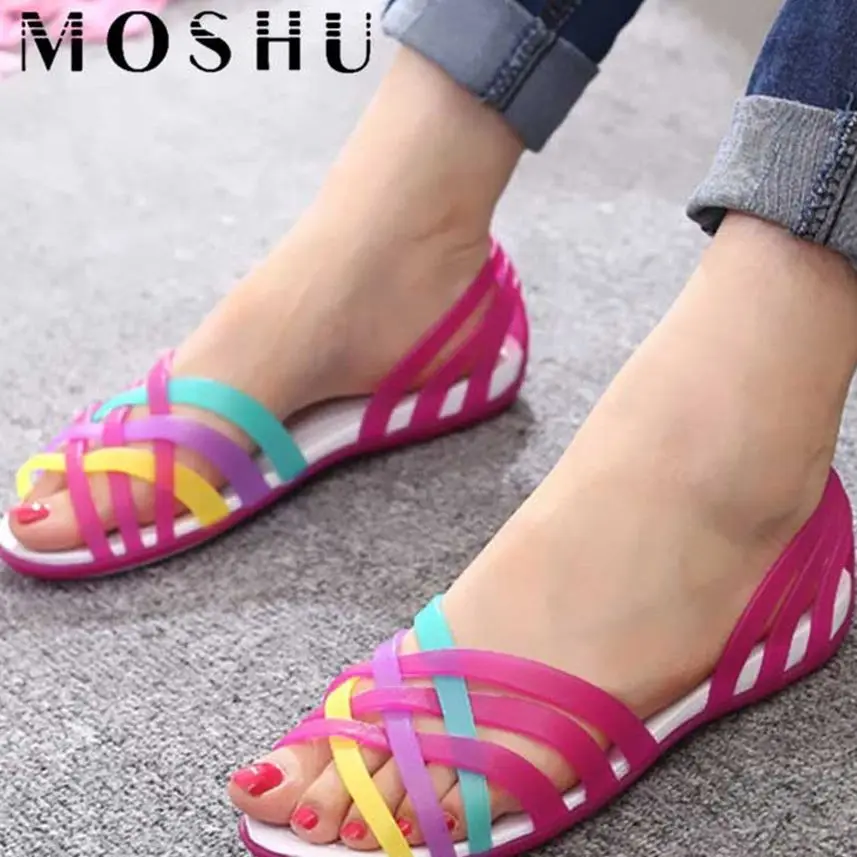 Сандалии желе женские с открытым носком пляжная обувь на плоской подошве сланцы