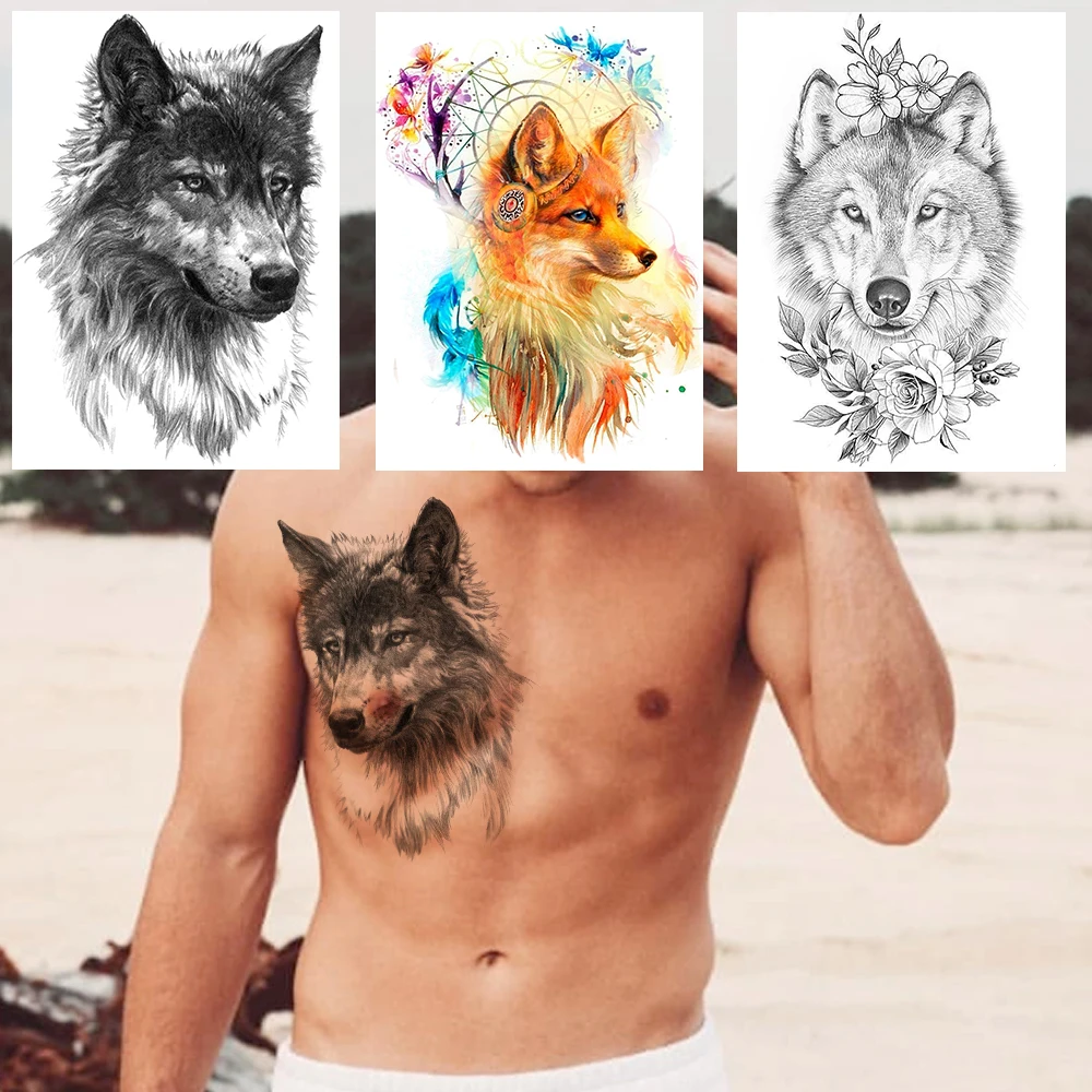 Временные татуировки большого племенного волка для мужчин женщин черная хна