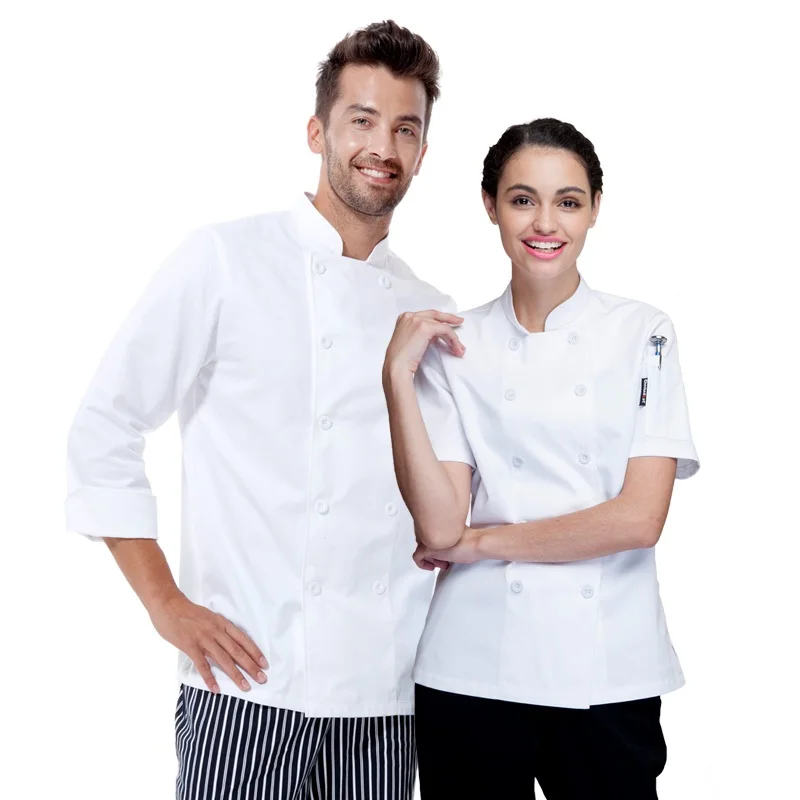 

2020 classical Pure cotton white short sleeve woman chef jacket men's cook jacket long sleeve