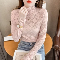 autumn sweety women floral long sleeve hollow out lace blouses elegant female slim stand neck shirt tops blusa