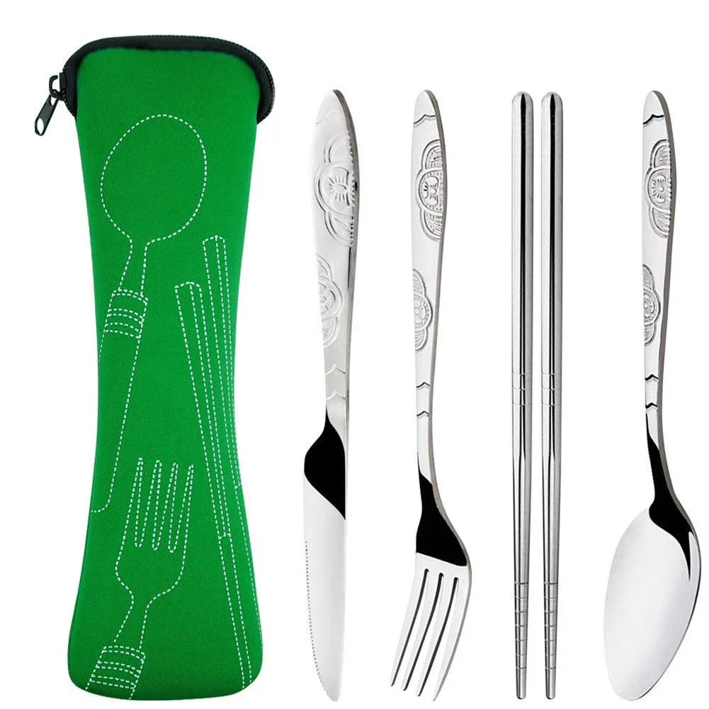 Hot 4 Pcs/Set Stainless Steel Fork Spoon Chopsticks Travel Camping Cutlery Tools Tableware MCK99 | Спорт и развлечения