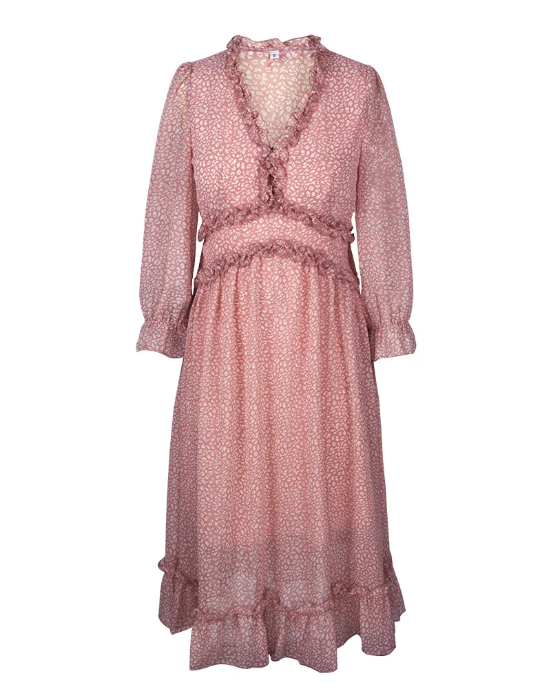

Women Fashion Pink Floral Print Ruffles Dress Casual Vintage Boho V Neck High Wasit Long Sleeve Dress 2021 New Summer Vestidos