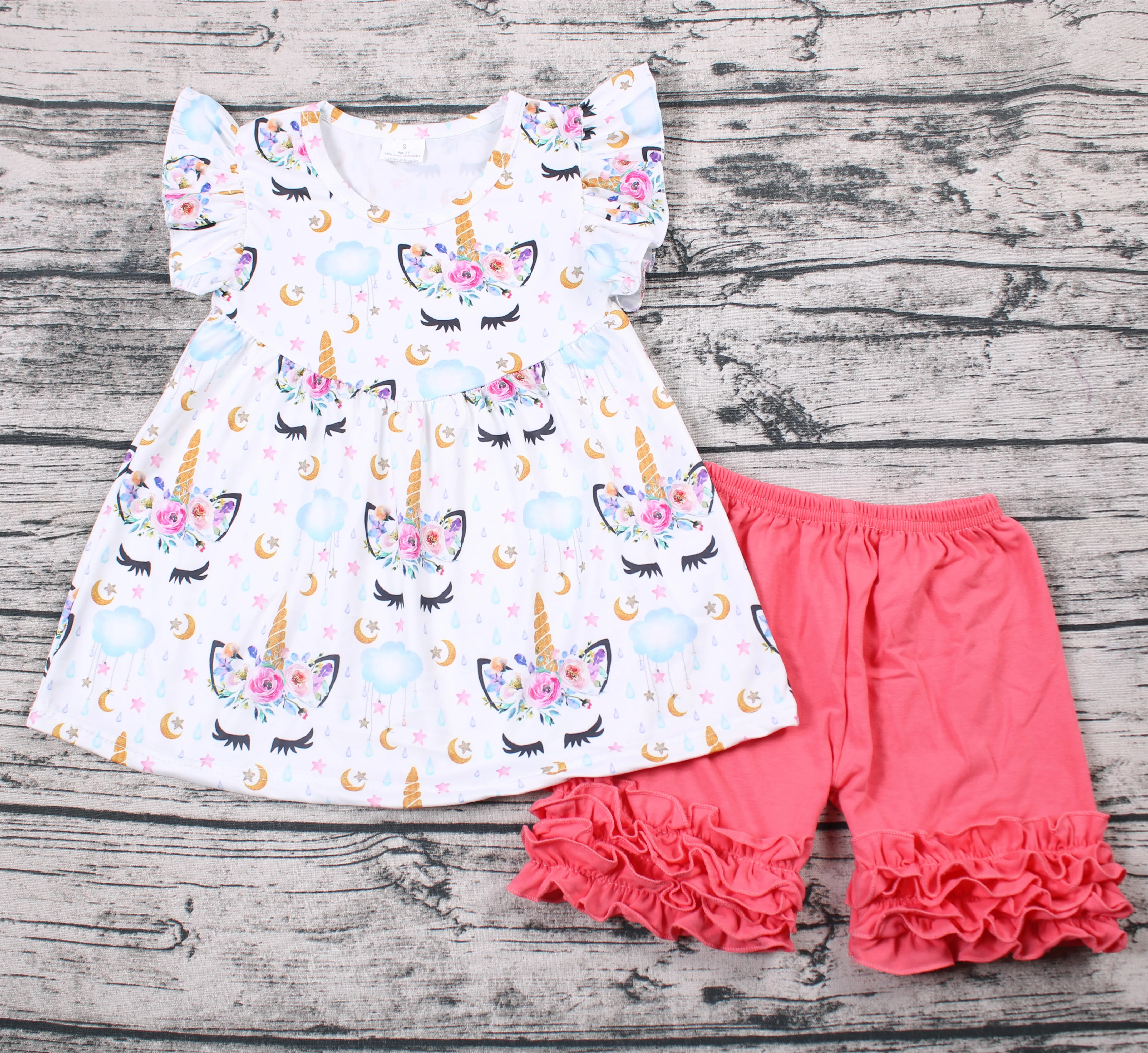 

Adorable Baby Girls Summer Boutique Outfit Cute Unicorn Short Flutter Sleeve Tunic Top Wit Red Icing Shorts Suit Clothes Set