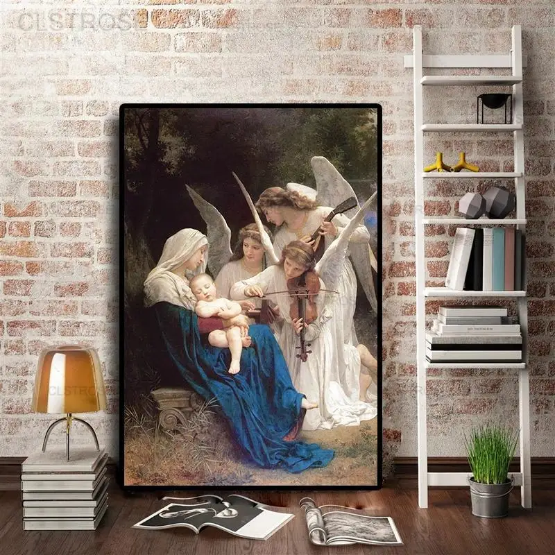 

Song of The Angel William Adolphe Portrait Canvas Painting Christian Jesus Wall Art Poster Vintage Picture for Living Room Decor