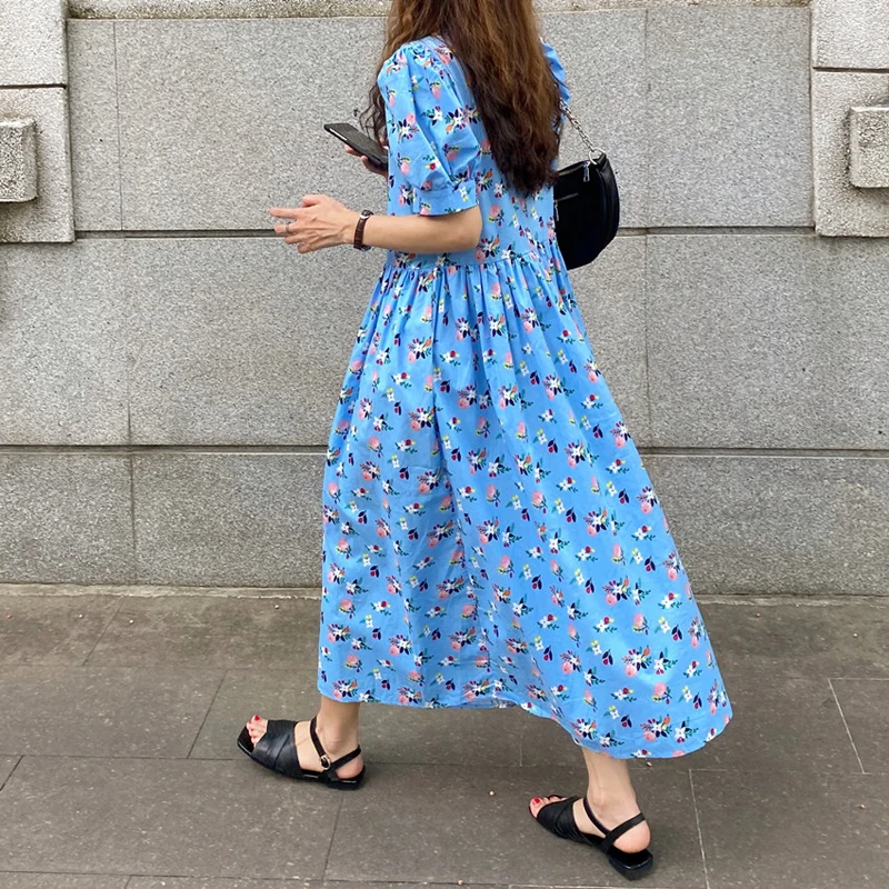 

2021 New Summer Vintage Streetwear French Loose Retro Elegant Floral Printing Summer Sweet Long Dresses Vestidos
