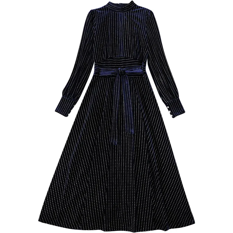 

Spring Summer Women's New Slim Solid Midi Pattern High Waist Temperament Stripe One-piece Dress SIKEYO 013