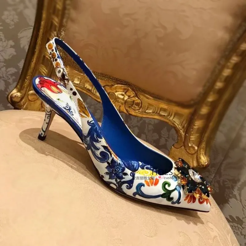 

Sexy lady Casual Designer point toe stripper heels printed crystal Rhinestone high heeled slingback Prom Evening Shoes sandals