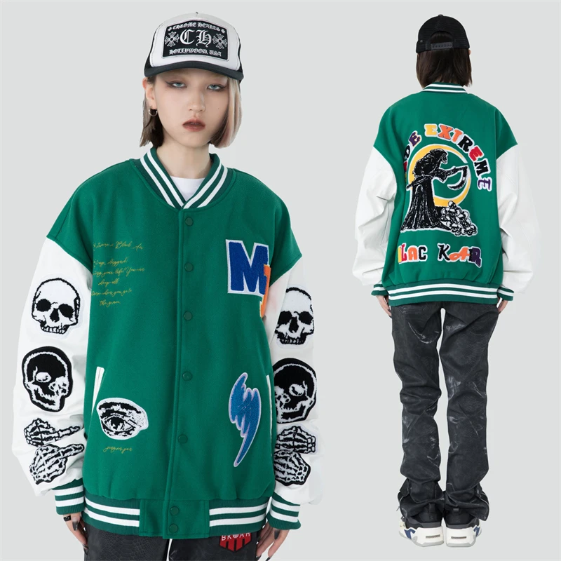 Куртка мужская и женская из искусственной кожи с вышивкой черепа в стиле хип-хоп