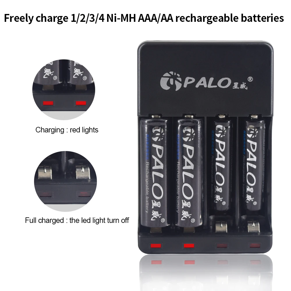 PALO USB Smart Battery Charger + 4pcs AA Rechargeable 1.2V AA1300mAh Ni-MH 2A Baterias | Электроника