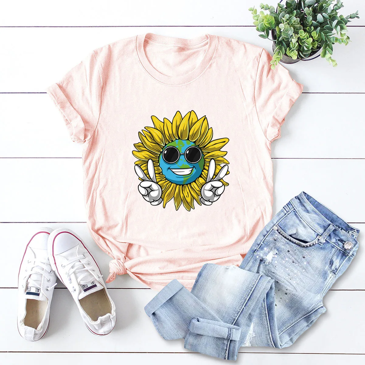 

JFUNCY Sunflower Smile Feace Print T Shirt Women Short Sleeve Loose Tshirt Woman Summer Cotton Tee Shirts Plus Size Female Tops