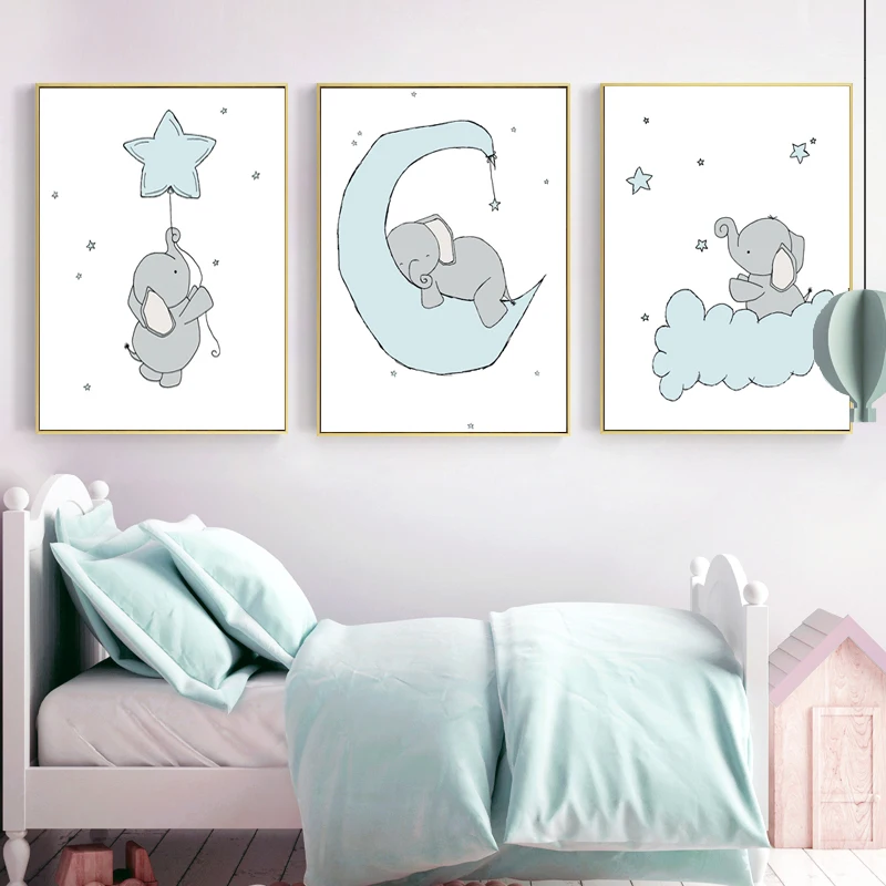Живопись на холсте "Слоненок в детской" в голубых и розовых тонах - постер в стиле "северная Европа" для детской комнаты мальчика, декор.