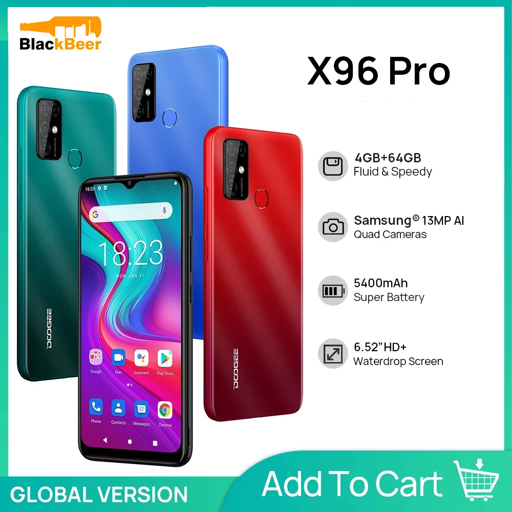 Перейти на Алиэкспресс и купить DOOGEE X96 PRO 4G Android 11,0 смартфон 4 ГБ ОЗУ 64 Гб ПЗУ мобильный телефон Восьмиядерный 6,52 дюйм720*1600 мобильные телефоны 13MP Al камера заднего вида