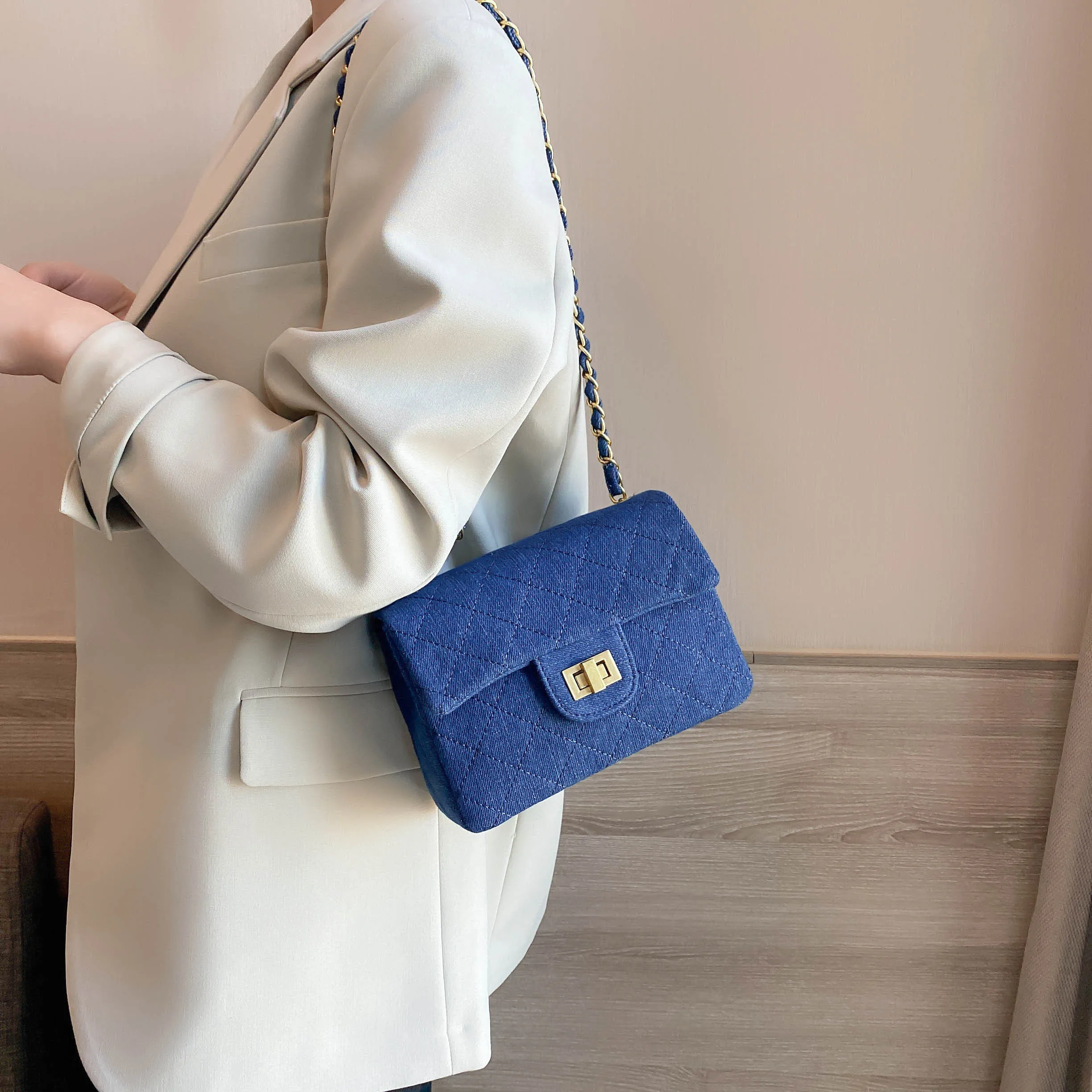 

Denim Crossbody Bags for Women Solid Color Quilting Purses and Handbags New Fashion Chains Shoulder Bag Ladies Travel Flap 2020