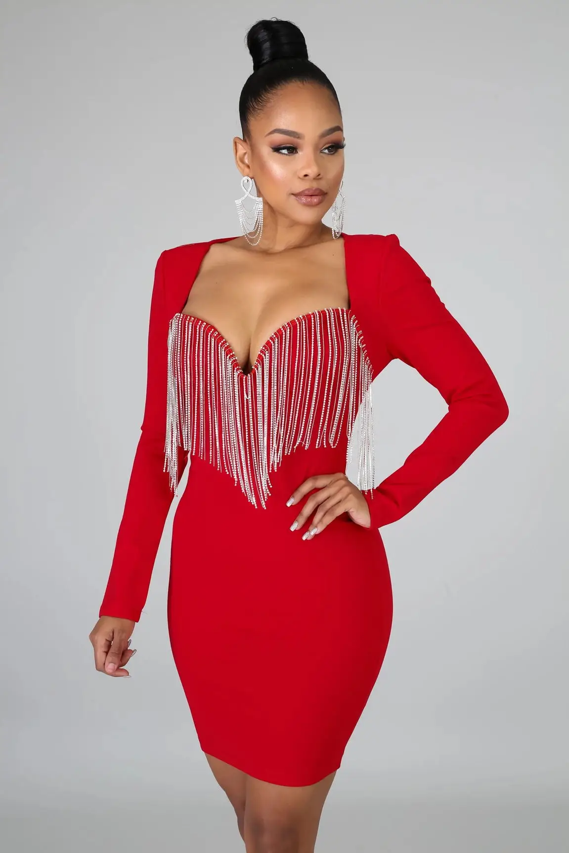 Женские платья с длинным рукавом кисточками облегающие сексуальные праздничные