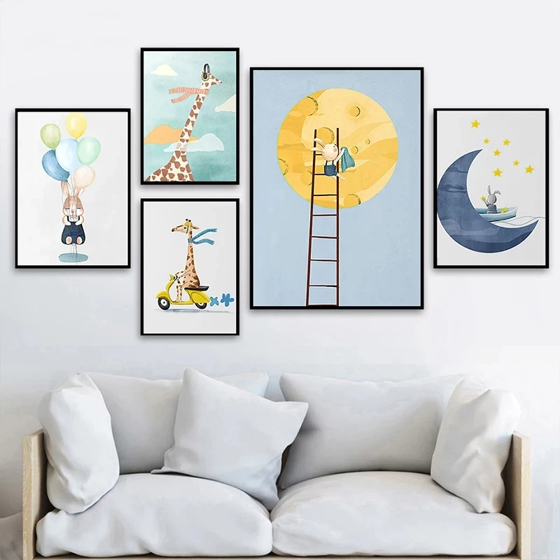 

Nursery Wall Art Canvas Painting Giraffe Bunny Posters Moon Star Prints Balloon Poster Nordic Wall Paintings Kids Bedroom Decor