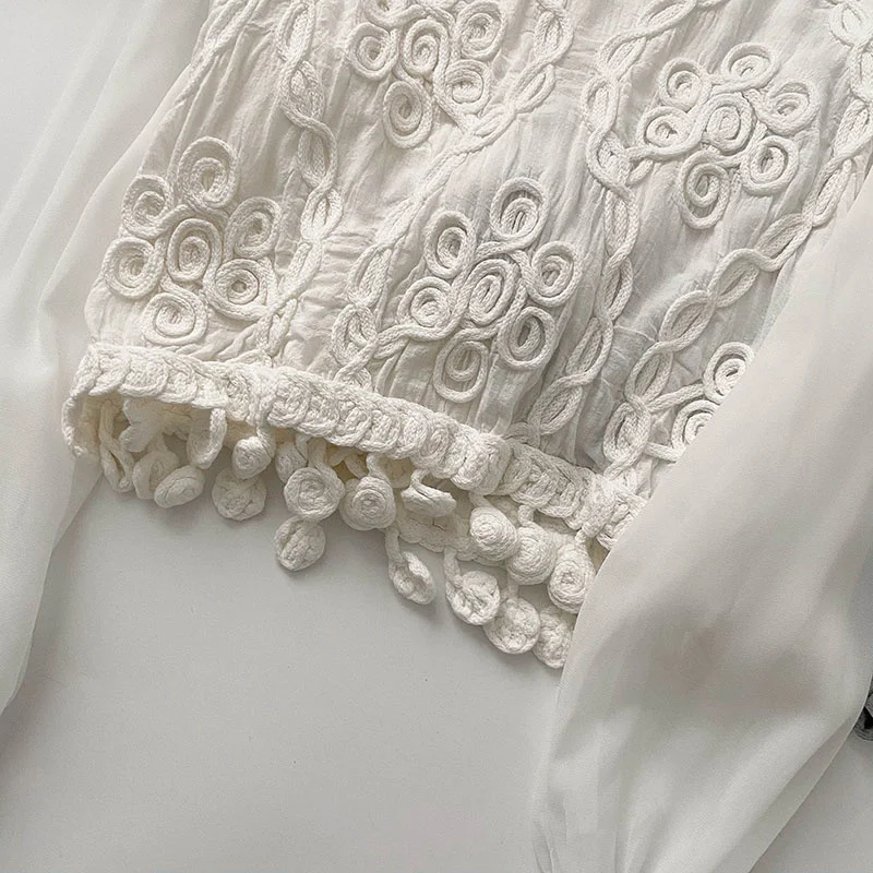 Рубашка женская шифоновая вязаная крючком с длинным рукавом | Женская одежда