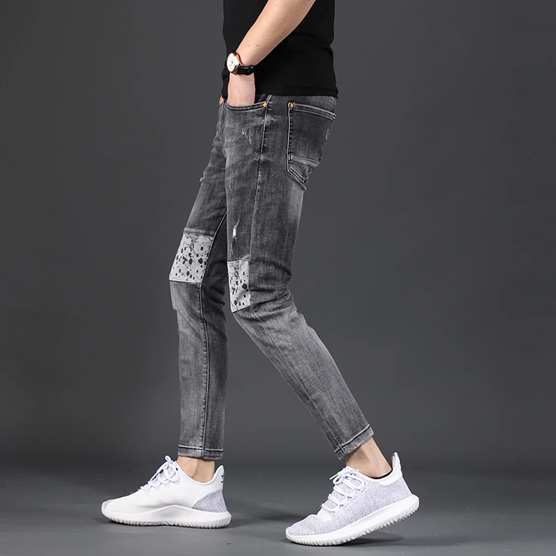 Summer Men's Dark Gray Ripped Jeans Fashion Casual Dots Printed Slim Fit Ankle-Length Pants