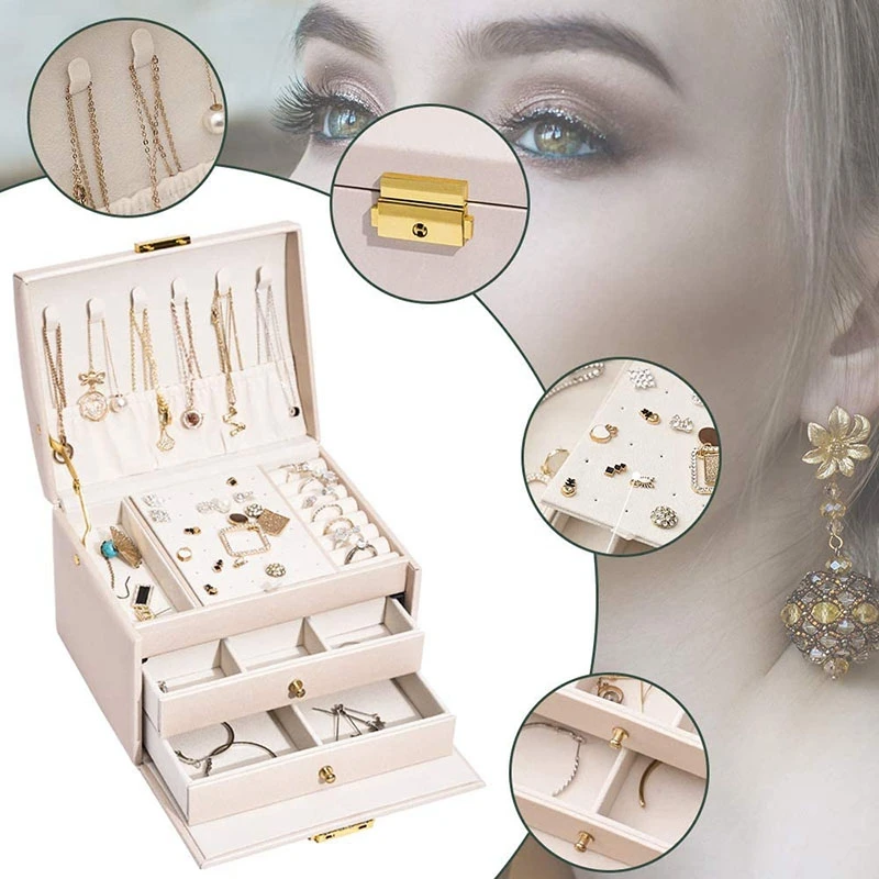 

Jewelry Box Organiser Faux Leather with 2 Drawers 3 Layers Jewelry Storage Case for Rings Earrings Jewelry Gift Box