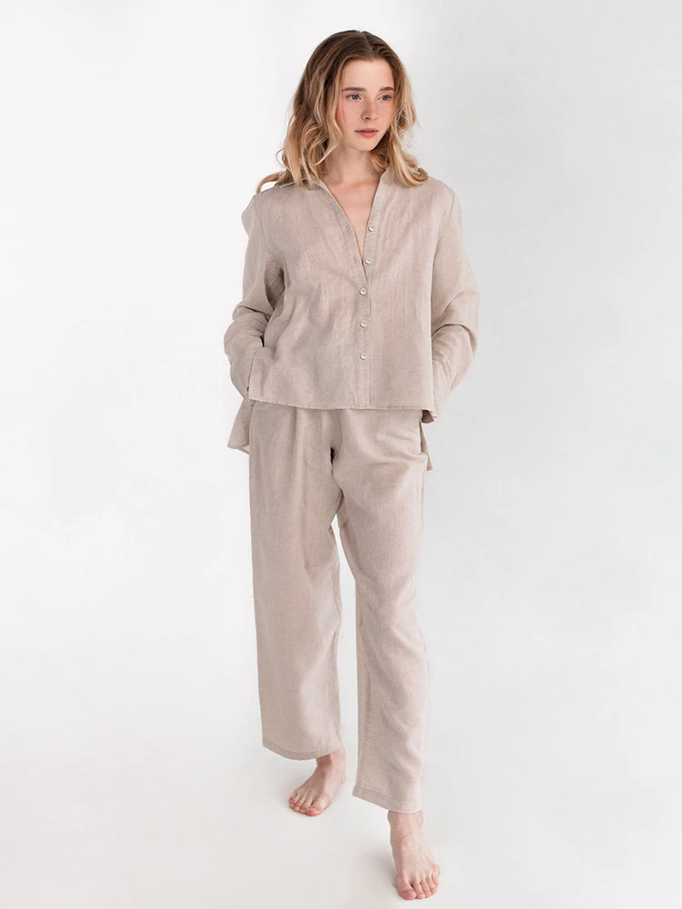 

Womens Sleepwear Irregular Hem Trouser Suits Cotton Linen Women's Nightgown Turn Down Collar Set Woman 2 Pieces Autumn Nightwear