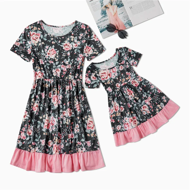 Spring Mommy and Me Clothes Princess Baby Dresses Girl Short Sleeve Floral Mother Daughter 2020 Beach Sundress C0700 | Мать и ребенок