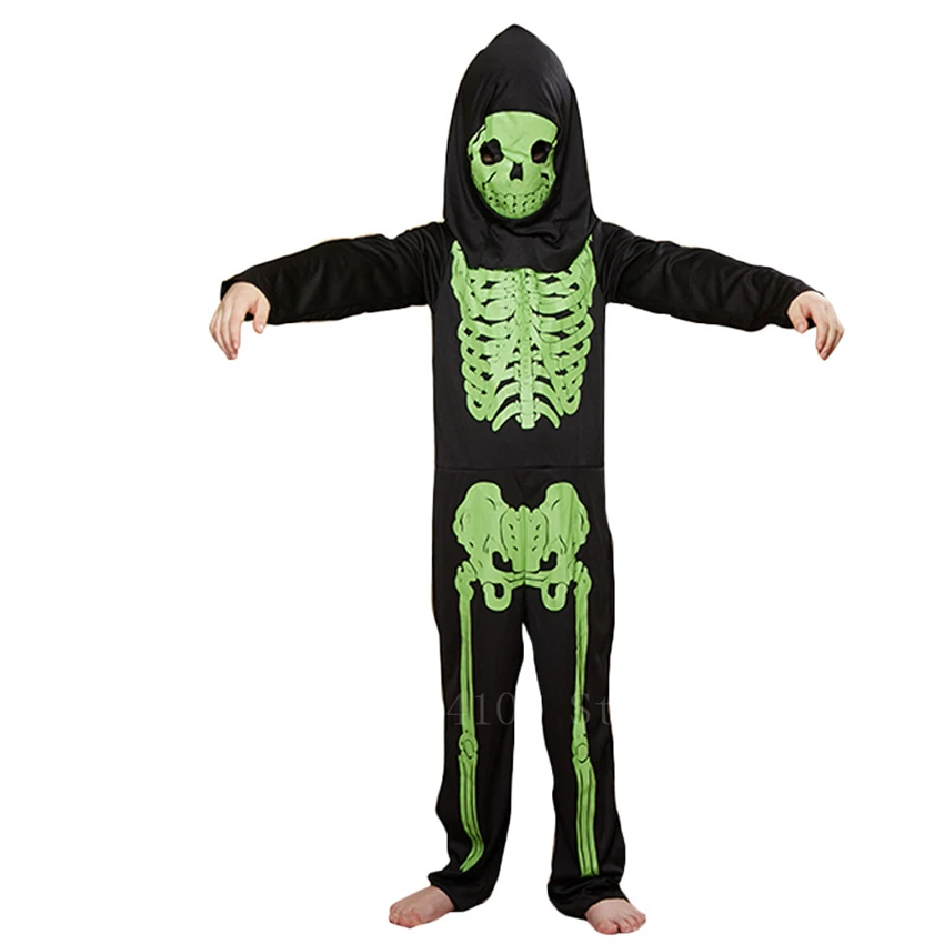 Детский страшный костюм для Хэллоуина с зеленым черепом и скелетом Карнавальный