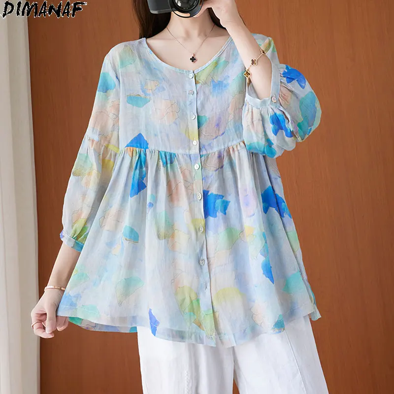 

Женская льняная футболка DIMANAF, свободный прозрачный кардиган с цветочным принтом летучей мыши и круглым вырезом, летняя блузка, размера плю...