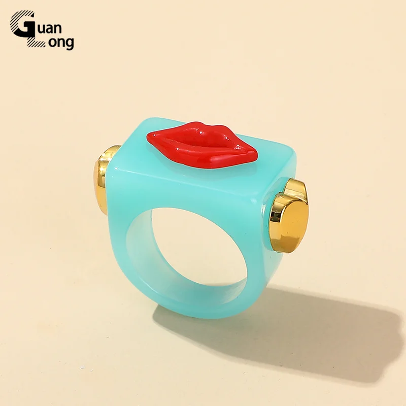 New Colorful Round Smiley Cute Irregular Transparent Resin Acrylic Thick Rings For Women And Girls Jewelry Gifts wholesale images - 6