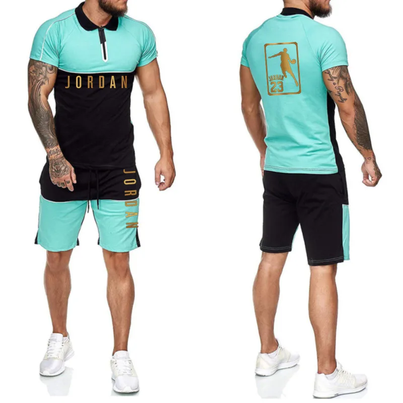 

2021 New 23 Summer Men's Suit Breathable Casual Wear Fitness Sports Suit Short-sleeved Shirt T-shirt + Shorts 2-piece Set