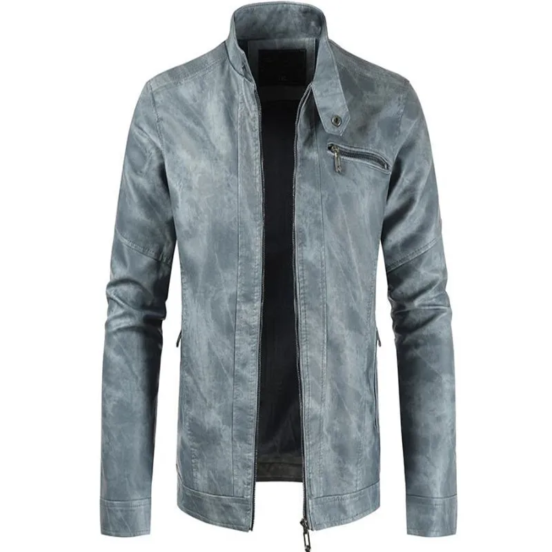 

Autumn new men's monochromatic fashion trend leather jacket stand collar casual long sleeve coat