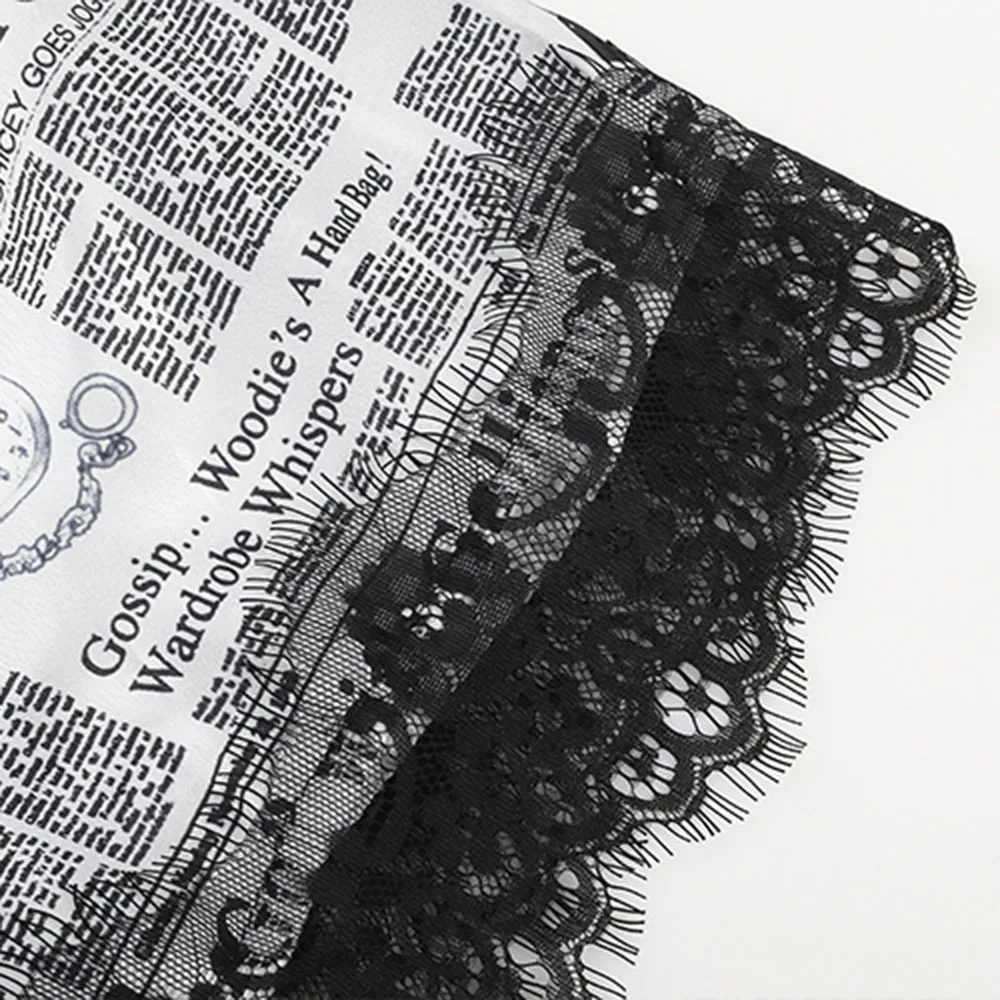 

Gothic Newspaper Print Skirt High Waist Women Lace Irregular Design Casual Patchwork Short Skirts 2021 Streetwear New