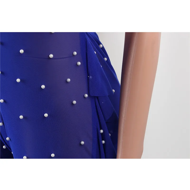 

Sexy Pearls Beading Sheer Mesh Jumpsuit Women Deep V-neck Halter Ruffles Open Back Night Club Party Romper Female Club Overalls