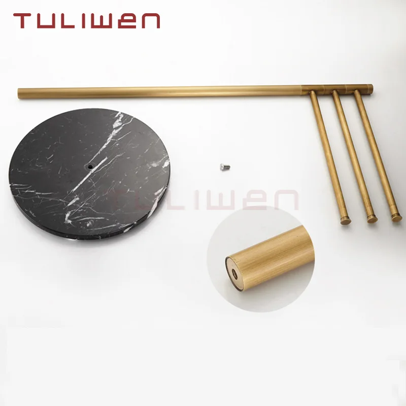 

Antique Brass Bathtub Towel Rack Bathroom Free Stand Bath Rack Rail Three Bars Swivel Round Marble Base
