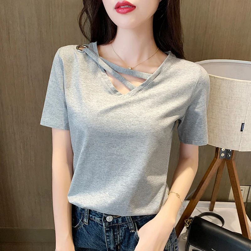 

White Short Sleeve T Shirt Women 2021 New Arrival Summer Tops Solid Basic V-neck Tee Shirt Femme Loose Fashion Ins Tshirt