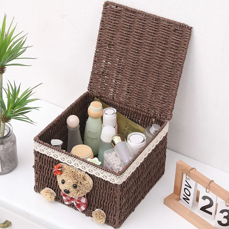 Мультяшный медведь натуральная плетеная корзина из ротанга Настольная