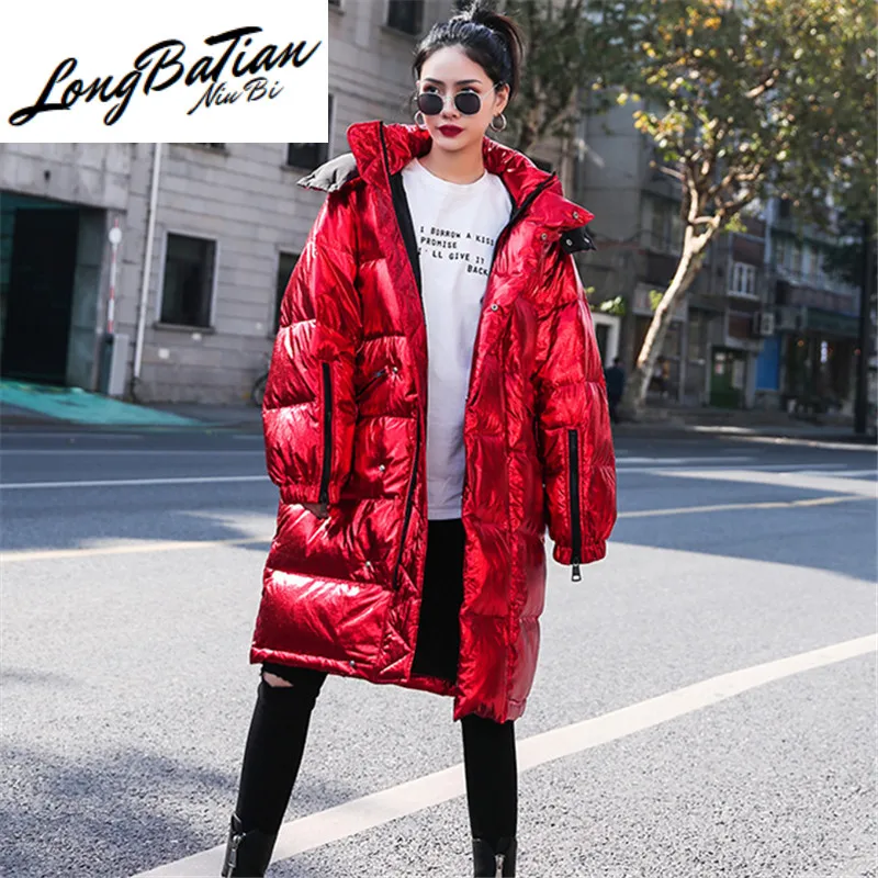 Женская Блестящая парка на молнии красная длинная свободная с капюшоном толстая