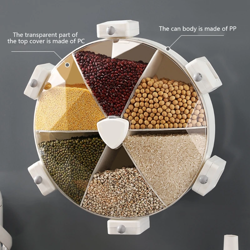 

Q5WD 8.5L Wall-Mounted Grain Divided Cereal Dispenser Food Organizer Rotating Storage Containers Can Plastic Rice Bucket Box