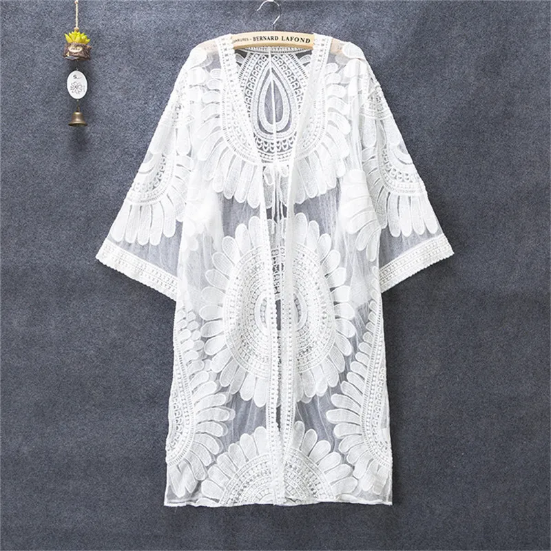 

New Summer Swimsuit Lace Hollow Crochet Beach Bikini Cover Up 3/4 Sleeve Women Tops Swimwear Beach Dress White Beach Tunic Shirt