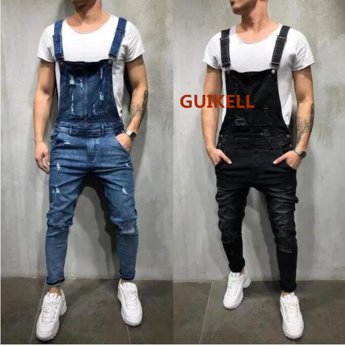 

GUIKELL 2020 wish fashion men's suspender denim panties tear jeans pants