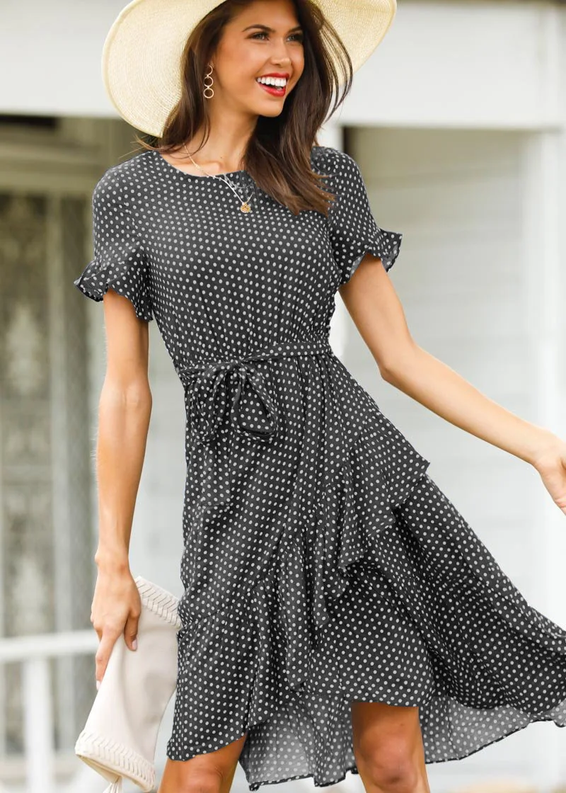 

Knee Dress Women Sundress Polka Dot Ruffles Dress Sexy Dress Short Sleeve Stretch waist A-Line O-neck Beach Sashes Lady Dresses