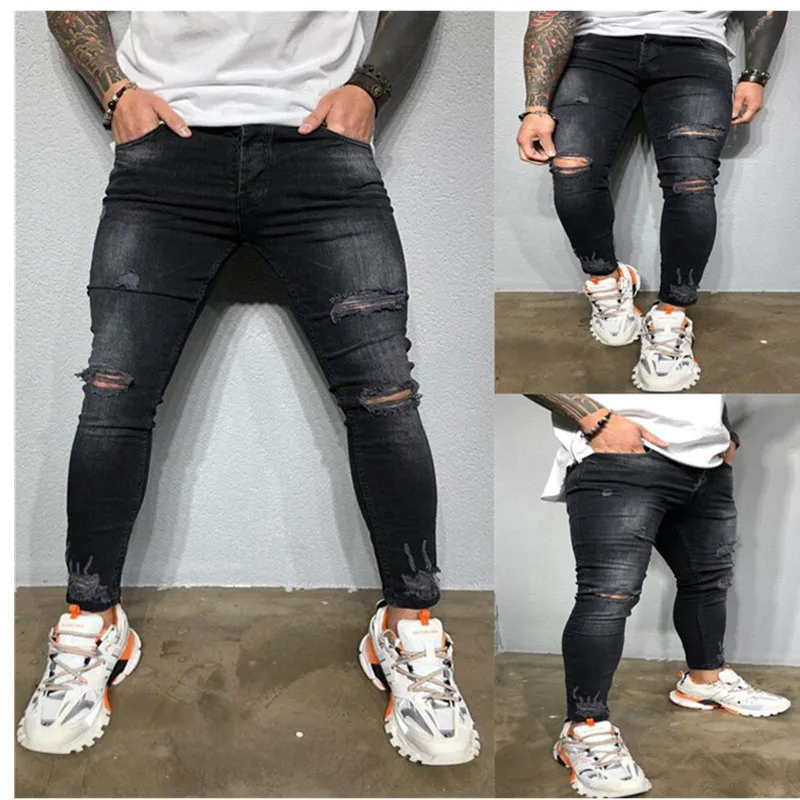 

Men Jeans Autumn Black Cool Skinny Knee Hole Ripped Stretch Slim Elastic Denim Pants Solid Color High Street Style Trousers Man