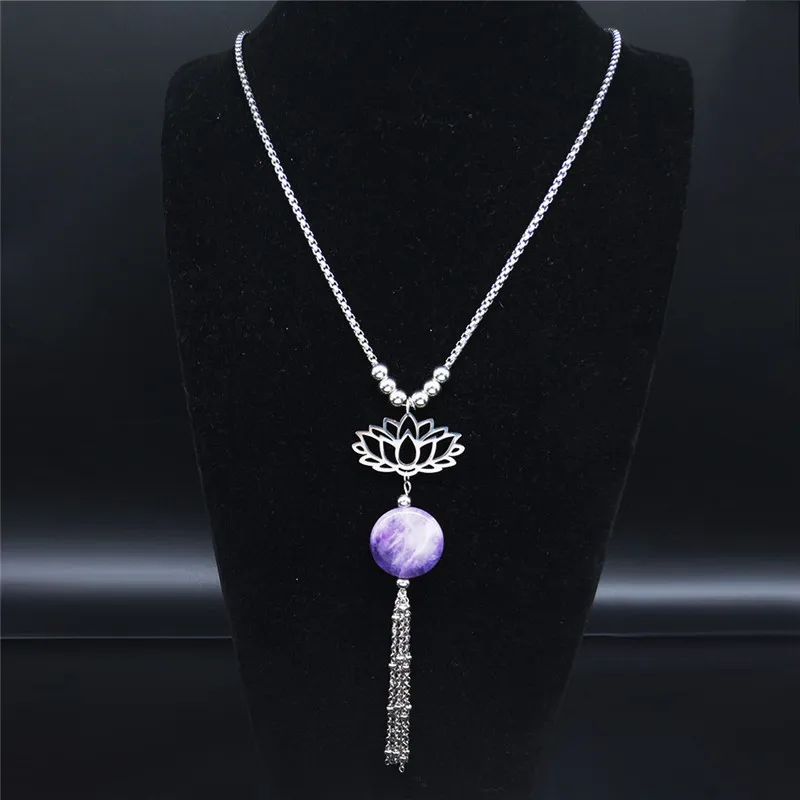 

2021 Yoga Stainless Steel Natural Purple Crystal Necklaces Women Silver Color Long Tassel Necklace Jewelry bijoux femme N1015S04