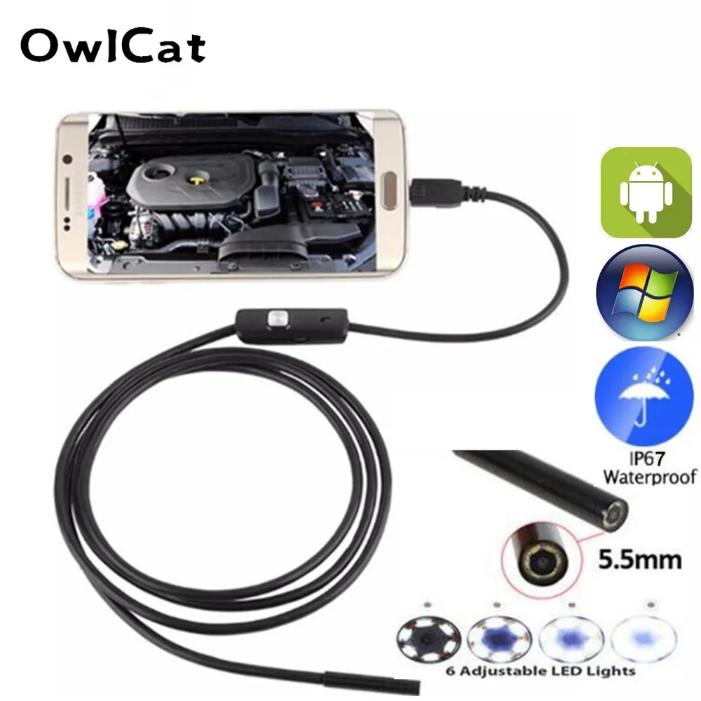 OwlCat 5 мм Объектив USB Змея эндоскоп камера мини 2 м Android IP67 водонепроницаемый