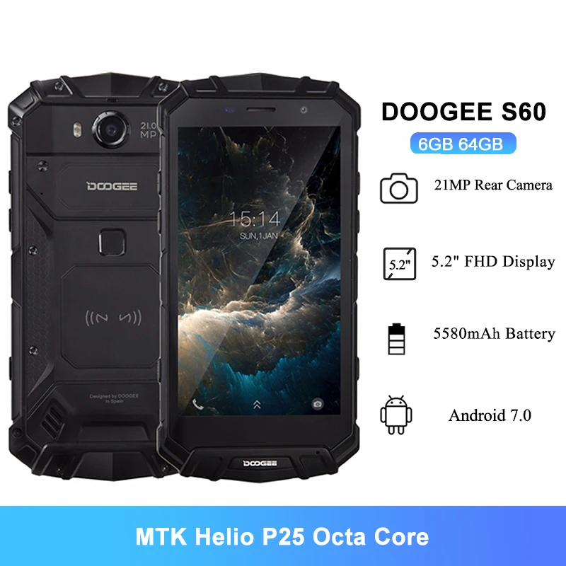 

DOOGEE S60 NFC IP68 водонепроницаемый телефон с восьмиядерным процессором MTK Helio P25, ОЗУ 6 ГБ, ПЗУ 64 ГБ, 5580 мАч
