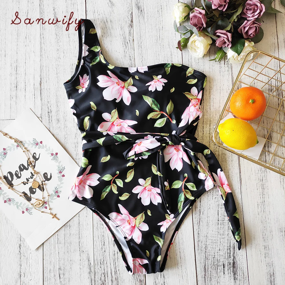 

Piece Swimsuit Women Shoulder Swimwear 2020 Floral Push Up Bodysuit Sexy Bandage Beach Wear
