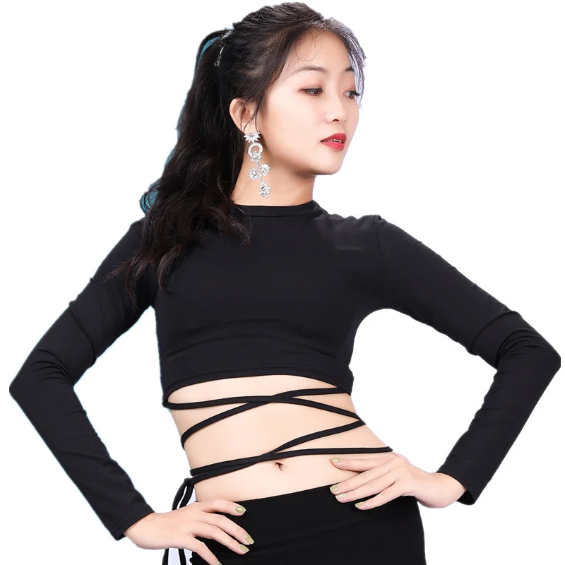 

Women Dance Accessories Long Sleeves Elastic Spandex High Neck Belly Dance Tops with Criss-Cross Strap Girls Training Class Wear