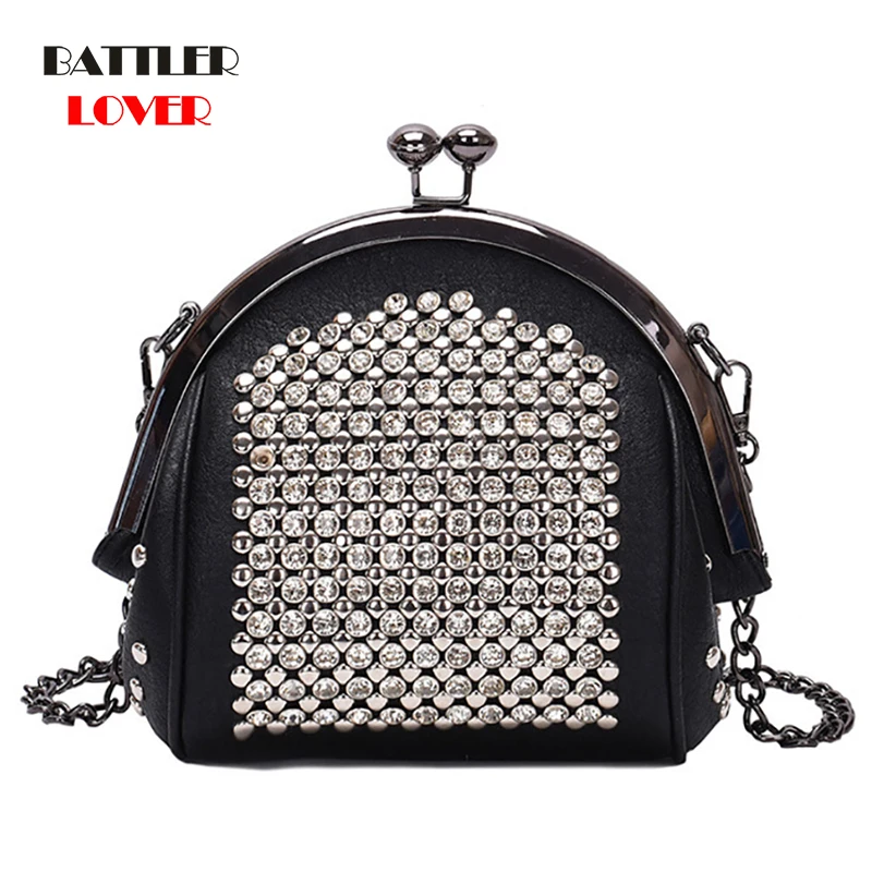 

Fashion Leather Diamonds Shoulder Handbags For Women 2021 Chain Shell Messenger Bag Female Punk Motor Biker Crossbody Purses