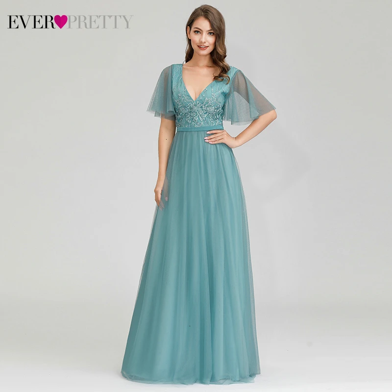 

Elegant Blue Evening Dresses Ever Pretty Sequined Embroidery A-Line Deep V-Neck Short Ruffles Sleeve Long Party Gowns Vestidos