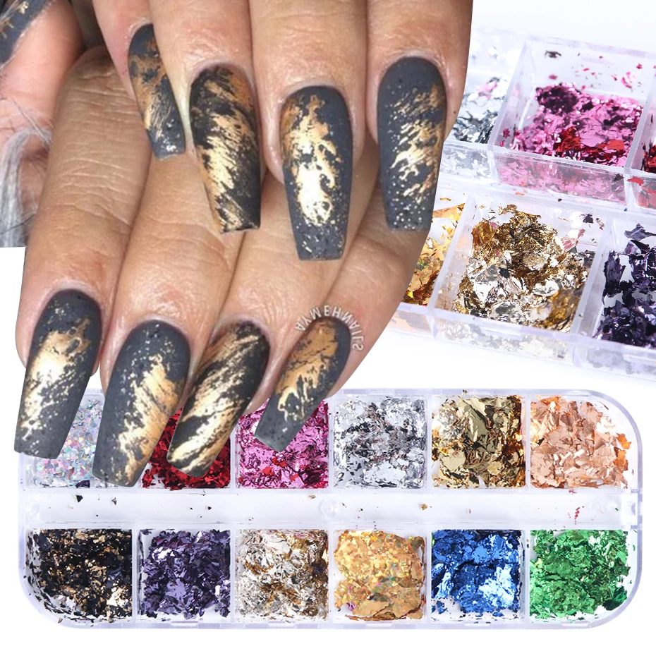 12 ячеек зеркальные алюминиевые хлопья Блеск Золотые наклейки для ногтей