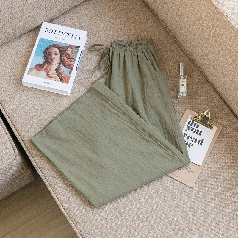 

Wide Leg Pants Women Summer Cotton Pants Casual Elastic Waist Pocket Calf Length Pants 2021 Ladies Loose Solid Color Trousers